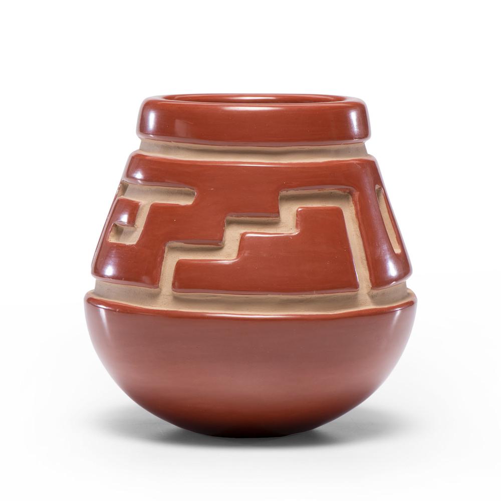 LuAnn Tafoya (Santa Clara, b. 1938) Redware Carved Jar: LuAnn Tafoya (Santa Clara, b. 1938) Redware Carved Jar deeply carved jar with geometric elements and having a high polished surface; signed on base, height 5.5 in. x diameter 5.5 in. late 20th century