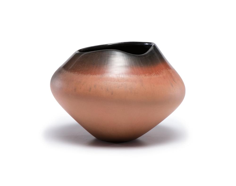 Jody Folwell (Santa Clara, b. 1942) Pottery, From the: Jody Folwell (Santa Clara, b. 1942) Pottery, From the Collection of Robert B. Riley, Urbana, IL. small brown, black, and red jar, dipped rim; signed Jody on bottom; height 4.5 in. x diameter 6 in. l