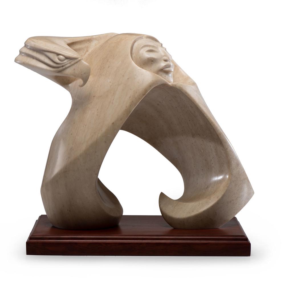 Bruce LaFountain (Chippewa, b. 1961) Utah Alabaster: Bruce LaFountain (Chippewa, b. 1961) Utah Alabaster Sculpture Whispering Truth signed and dated height 21 in. x width 24 in. x length 18 in. 2003