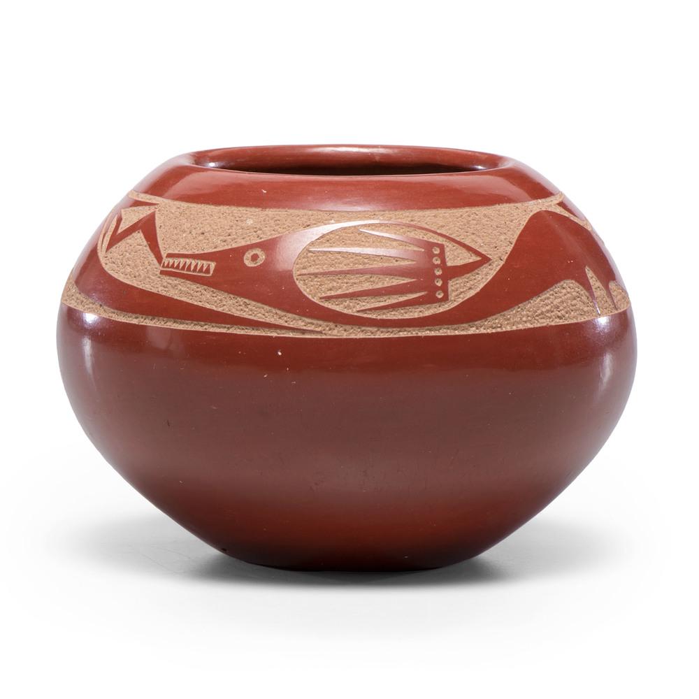 Tony Da (San Ildefonso, 1940-2008) Redware Pottery Bowl: Tony Da (San Ildefonso, 1940-2008) Redware Pottery Bowl designed with Avanyu; signed on base, height 3.5 in. x diameter 5.25 in. fourth quarter 20th century