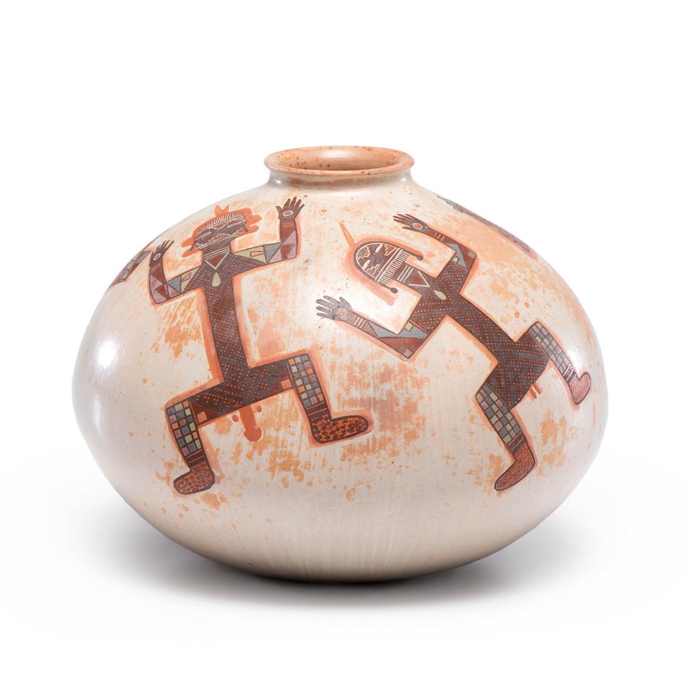 Nathan Begaye (Dine / Hopi, 1958 - 2010) Pottery, From: Nathan Begaye (Dine / Hopi, 1958 - 2010) Pottery, From the Collection of Robert B. Riley, Urbana, IL. jar with wide body and small circular opening and base; yei figures and geometric pattern in color