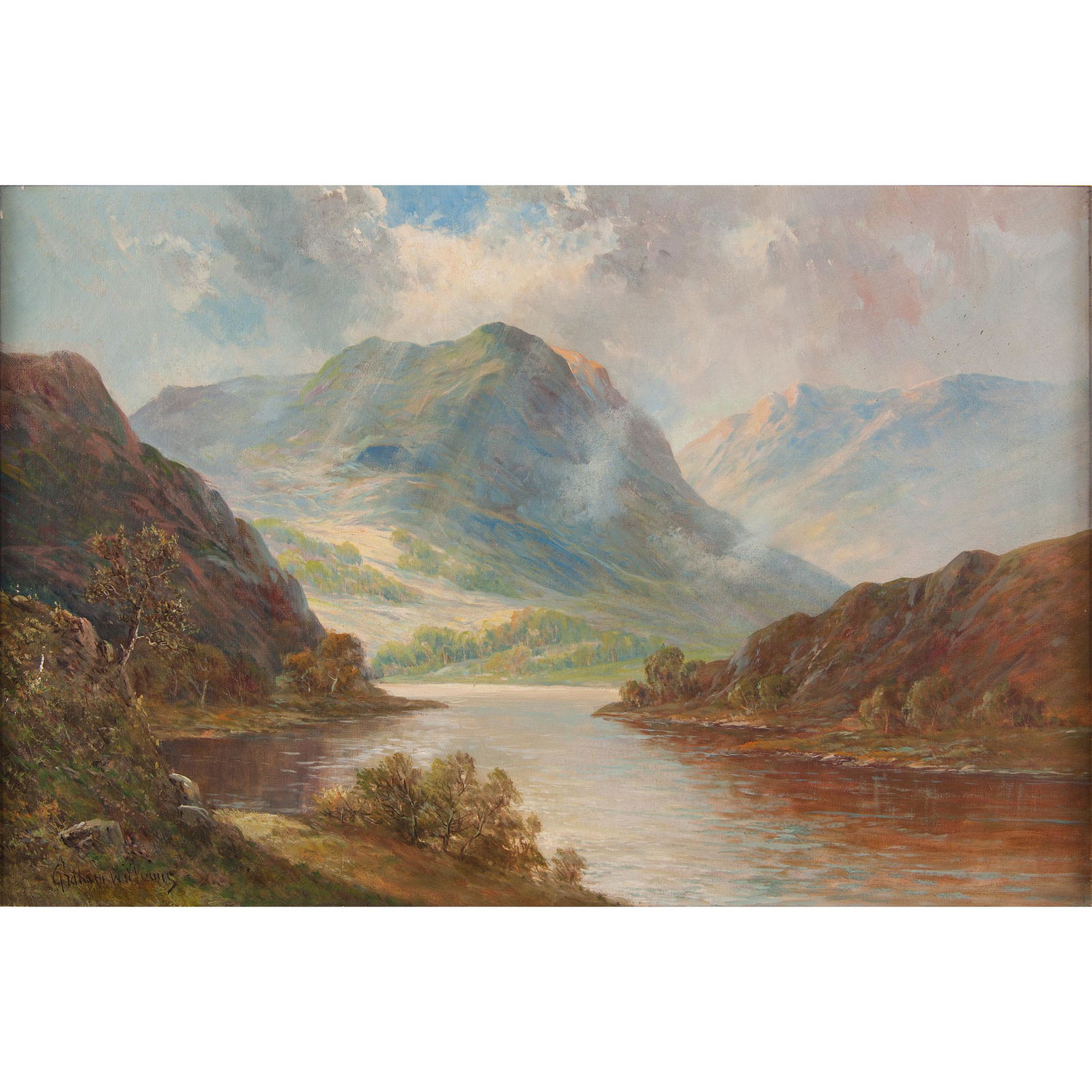 Francis E. Jamieson (British, 1895-1950): Francis E. Jamieson (British, 1895-1950) Mountain and River in Scotland oil on canvas 20th century signed Graham Williams l.l. framed 19.5 x 29.5 in. (sight), 27 x 37 in. (frame)