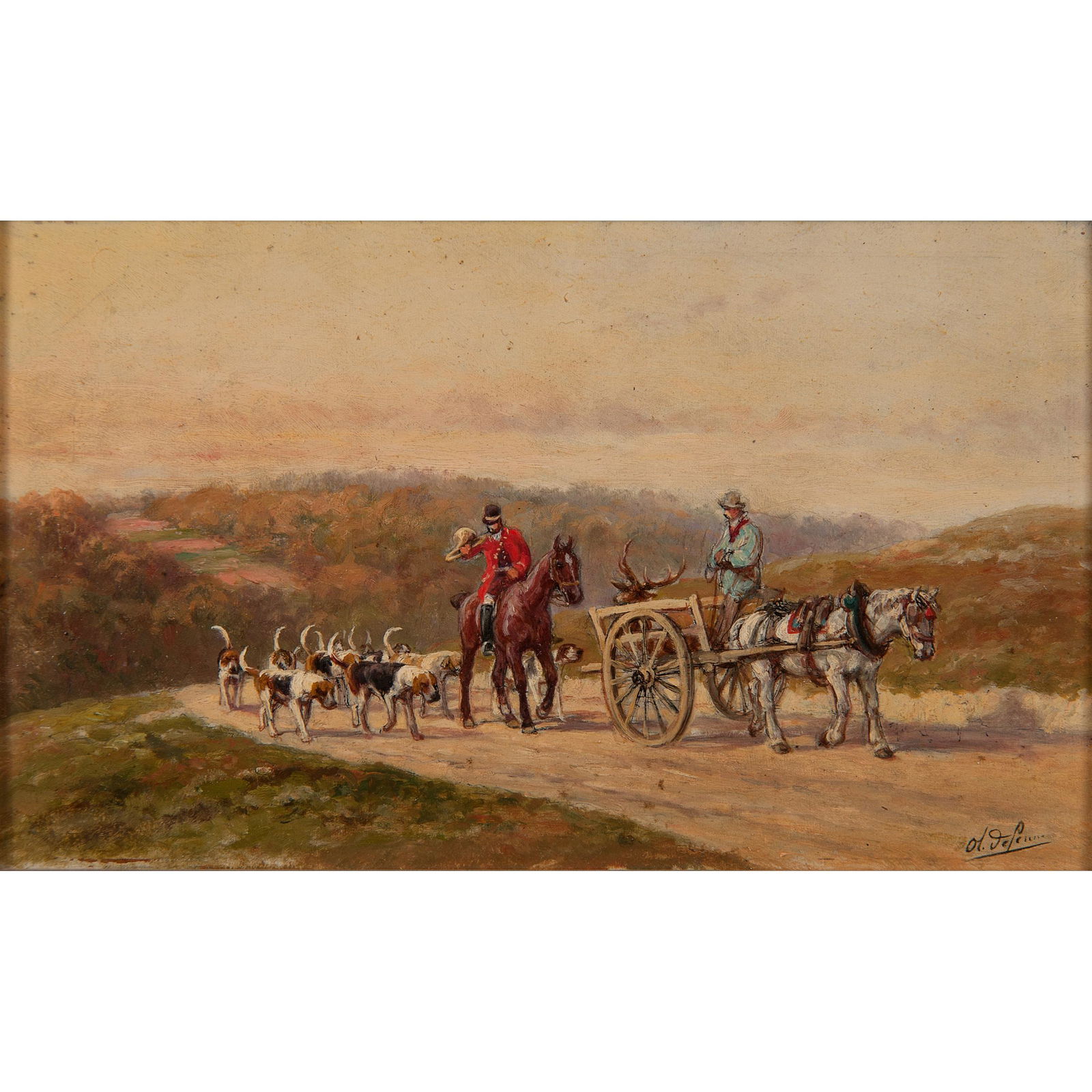 Olivier Charles de Penne (French, 1831-1897): Olivier Charles de Penne (French, 1831-1897) Elk Hunt oil on panel signed l.r. framed 9.75 x 6 in. (sight) 17.25 x 13.25 in. (frame)