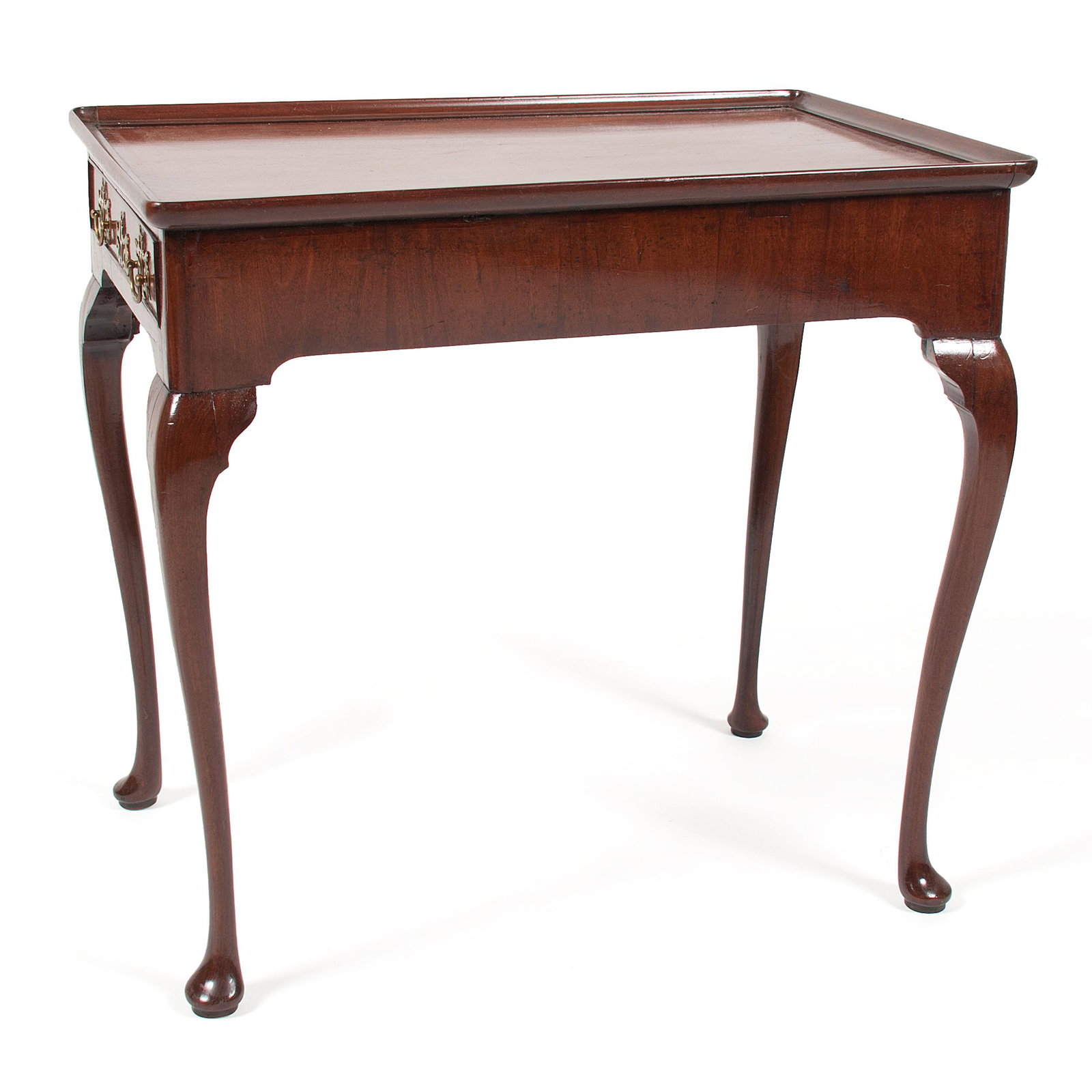 George III Tea Table in Mahogany: George III Tea Table in Mahogany British, late 18th-early 19th century. A tea table in mahogany, having a rectangular dish top surface over a straight apron with a beaded, dovetailed drawer with brass
