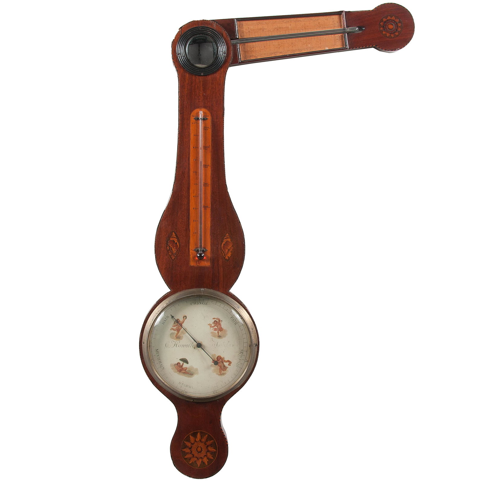 Charles Howorth Angle Barometer: Charles Howorth Angle Barometer English, early 19th century. An angle barometer by Charles Howorth, the mahogany case with inlay along edges, conch shells on either side of gauge and stylized sunburst
