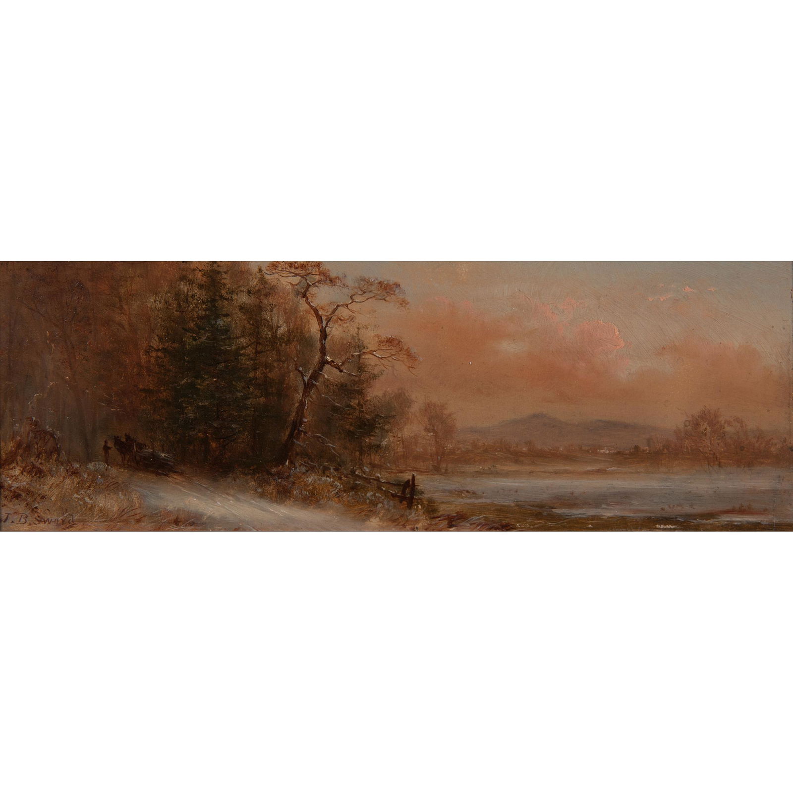 James Brade Sword (American, 1839-1915): James Brade Sword (American, 1839-1915) Winter Landscape; Summer Landscape oils on board framed signed l.l and l.r. respectively 12 x 4 in. (sight) each 17.25 x 9.25 in. (frame) each