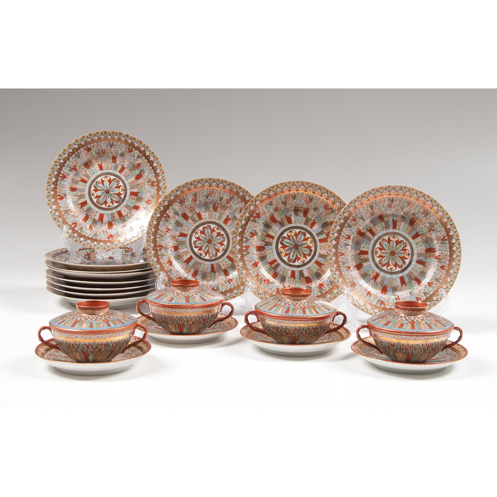 Nippon Yokohama Imura Porcelain Set: Nippon Yokohama Imura Porcelain Set Japanese, 20th century. Fifteen pieces of Nippon Yokohama Imura porcelain, including four soup cup, lid, and saucer sets, and eleven salad-sized plates, all marked 