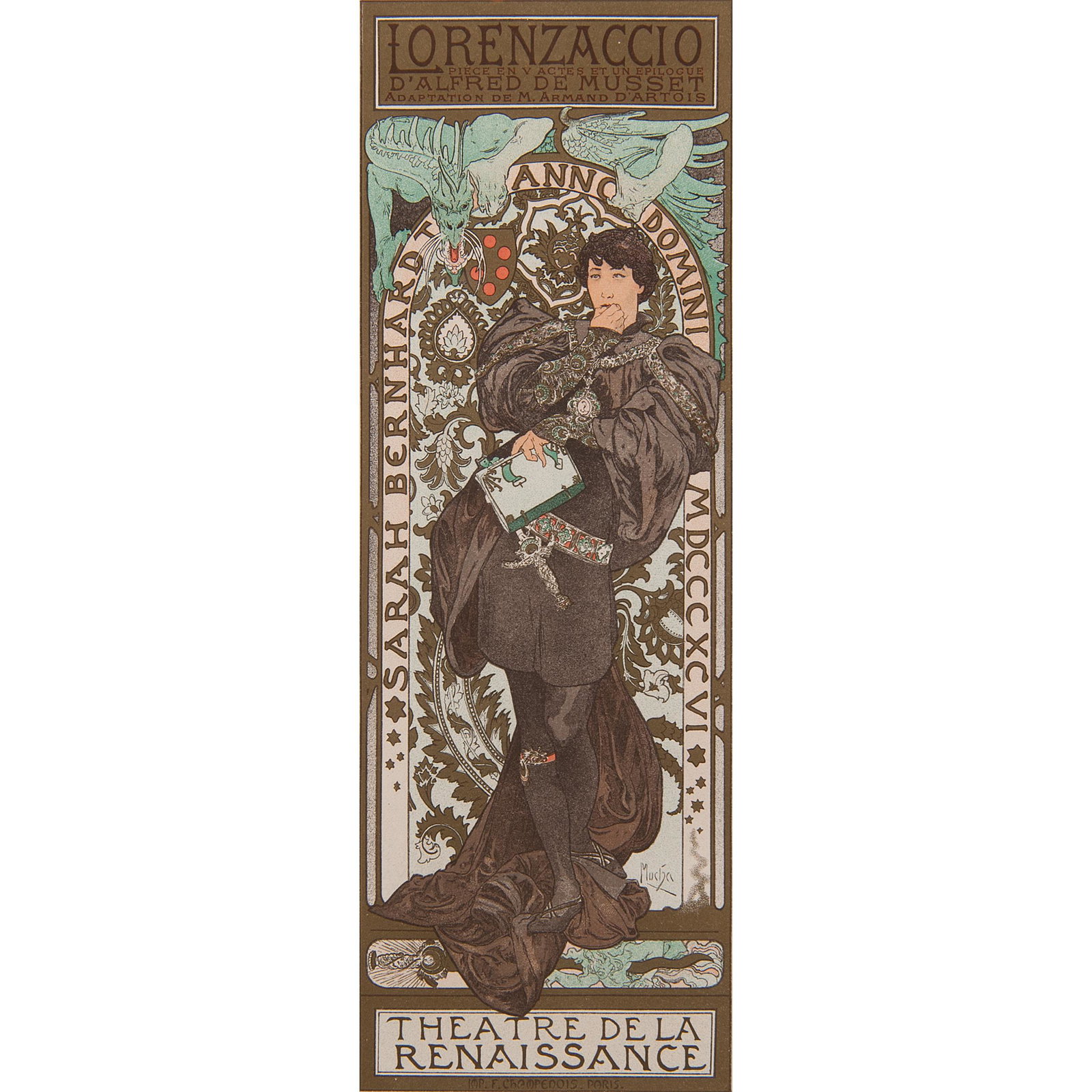 Alphonse Mucha (Czechoslovakian, 1860-1939): Alphonse Mucha (Czechoslovakian, 1860-1939) Lorenzaccio from Les Maitres de L'Affiches series Lithograph 1898 signed within image l.r. Imp. F. Champenois, Paris within image l.c. blind stamp of publ