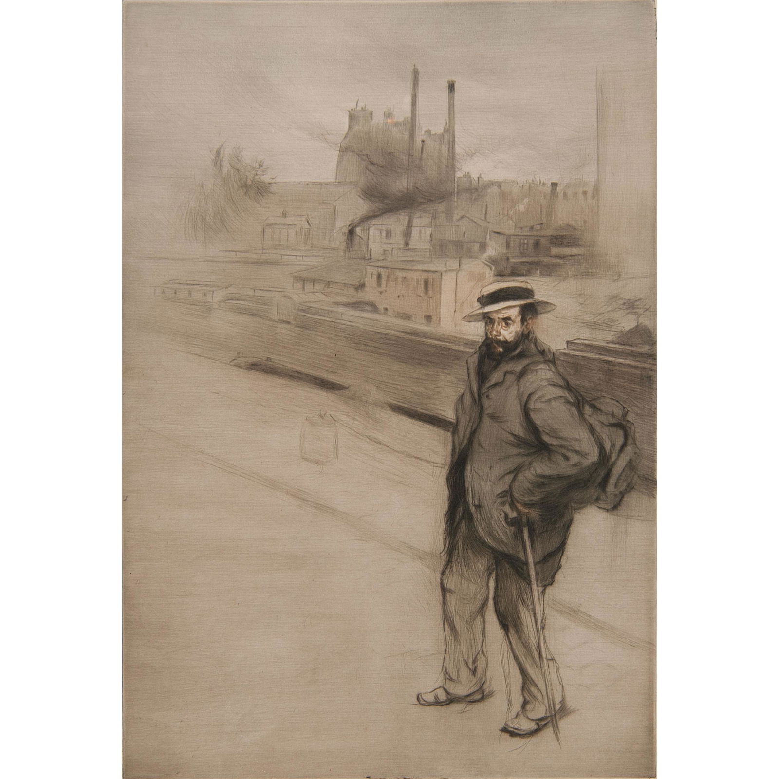 Edgar Chahine (French, 1874-1947): Edgar Chahine (French, 1874-1947) Le Canal de la Villette drypoint 1899 signed outside plate l.l. framed 15.5 x 10.5 (image) 35.5 x 30 in. (frame)