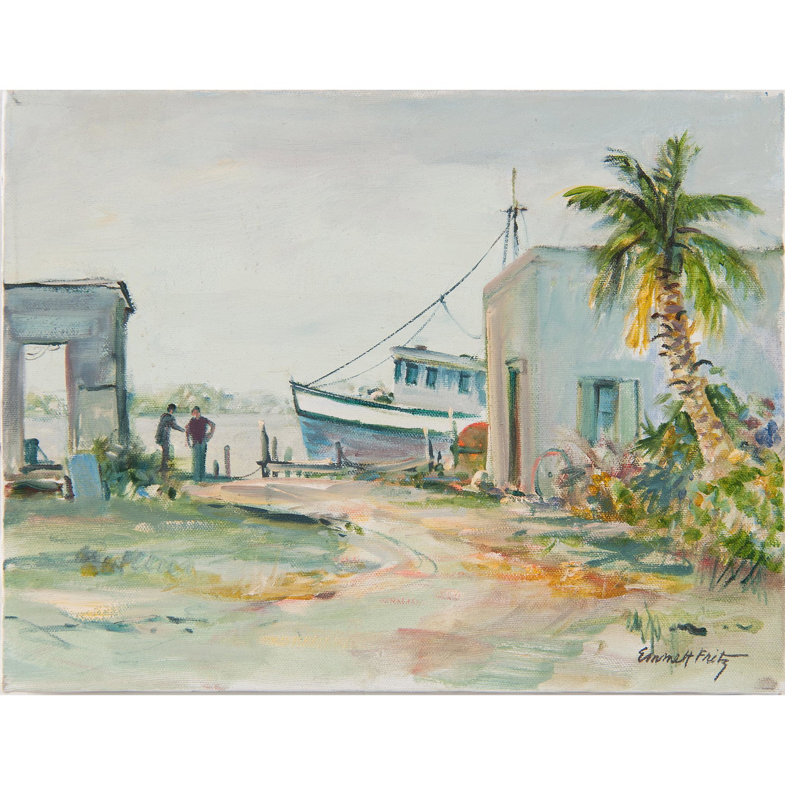Emmett Fritz (American, 1917-1995): Emmett Fritz (American, 1917-1995) Fishing Boat at the Pier oil on canvas signed l.r. unframed 11 x 14 in.