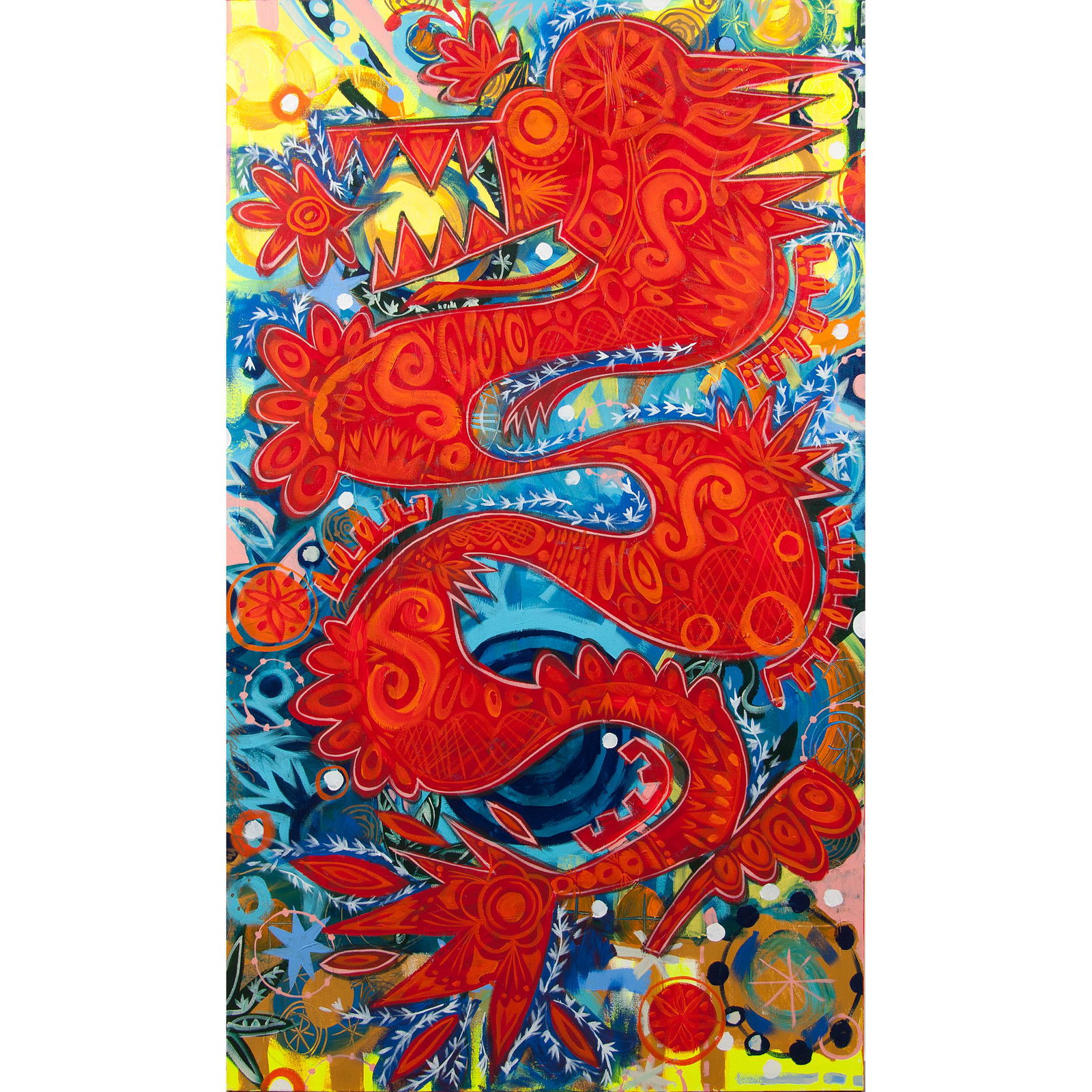 Mark T. Smith (American, b. 1968): Mark T. Smith (American, b. 1968) Good Luck Dragon mixed media on canvas signed and dated Sept. 2010 on verso inscription on verso unframed 60.25 x 36 in. Mark T. Smith attended Pratt Institute - Broo