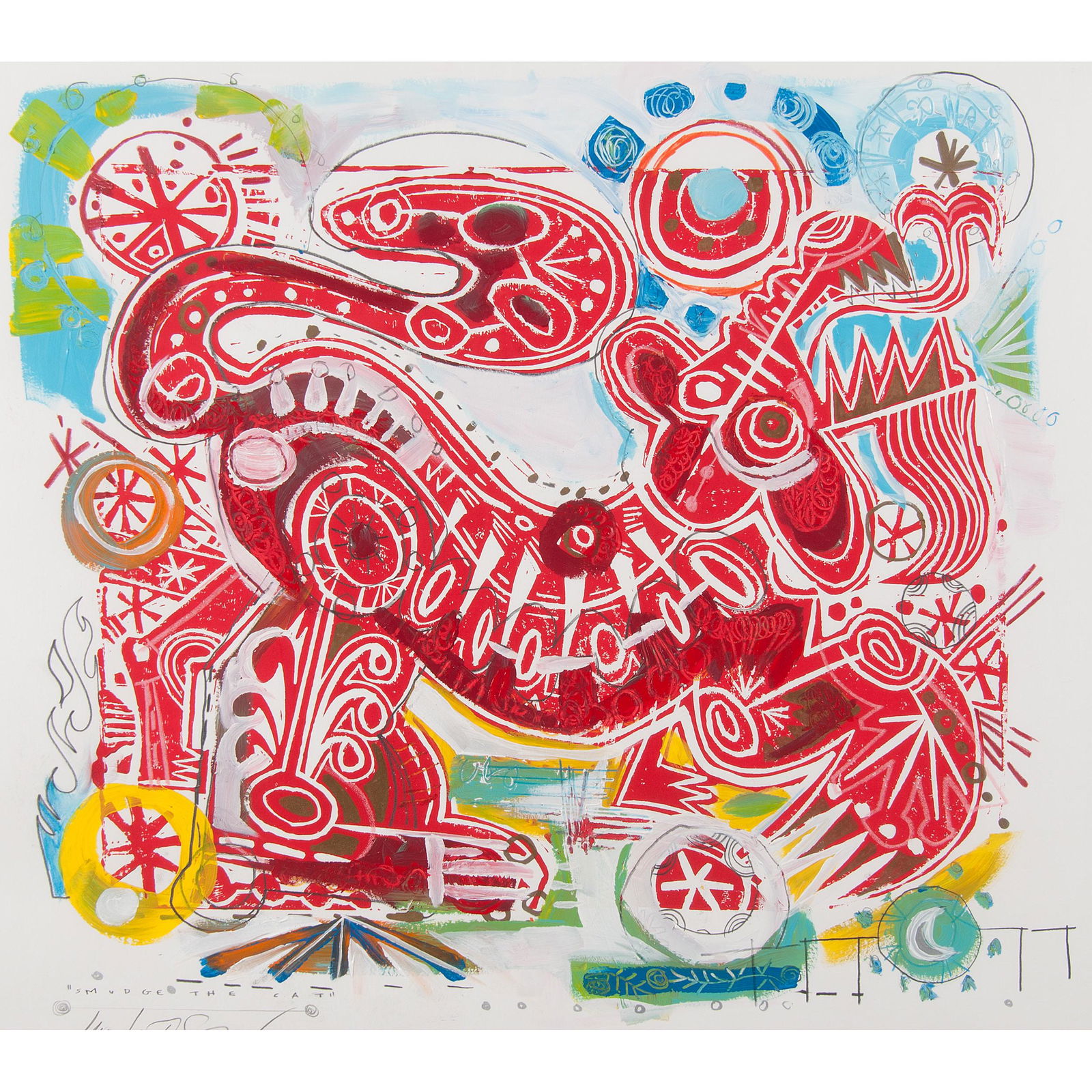 Mark T. Smith (American, b. 1968): Mark T. Smith (American, b. 1968) Smudge the Cat or Tiger linocut signed, titled, and dated September 25 2010 l.l. in pencil monogrammed l.r. framed 27.5 x 28.75 in. (sight) 29.25 x 30.5 in. (frame)