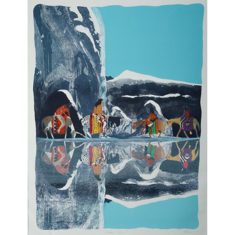 Earl Biss (Apsaalooke, 1947-1998) Artist Proof: Earl Biss (Apsaalooke, 1947-1998) Artist Proof Screenprint Mirror Pass artist proof lower left, titled lower center, signed and dated lower right (sight) 30.75 x 23 in. (framed) 38.25 x 30.25 in.