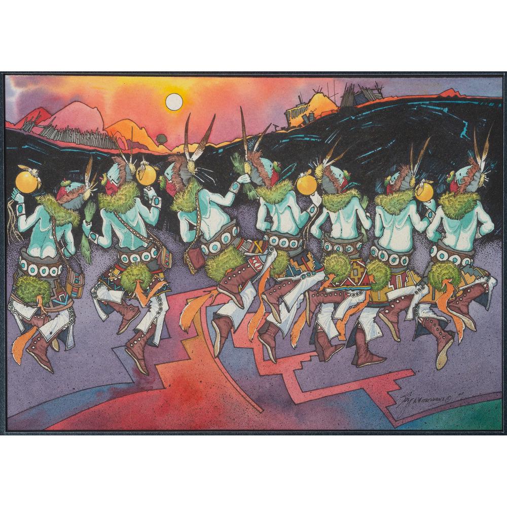Baje Whitethorne (Dine, b. 1950) Watercolor on Paper: Baje Whitethorne (Dine, b. 1950) Watercolor on Paper untitled, seven dancers at sunset signed and dated lower right (sight) 9.75 x 13.25 in.; (framed) 24 x 28 in. 2000