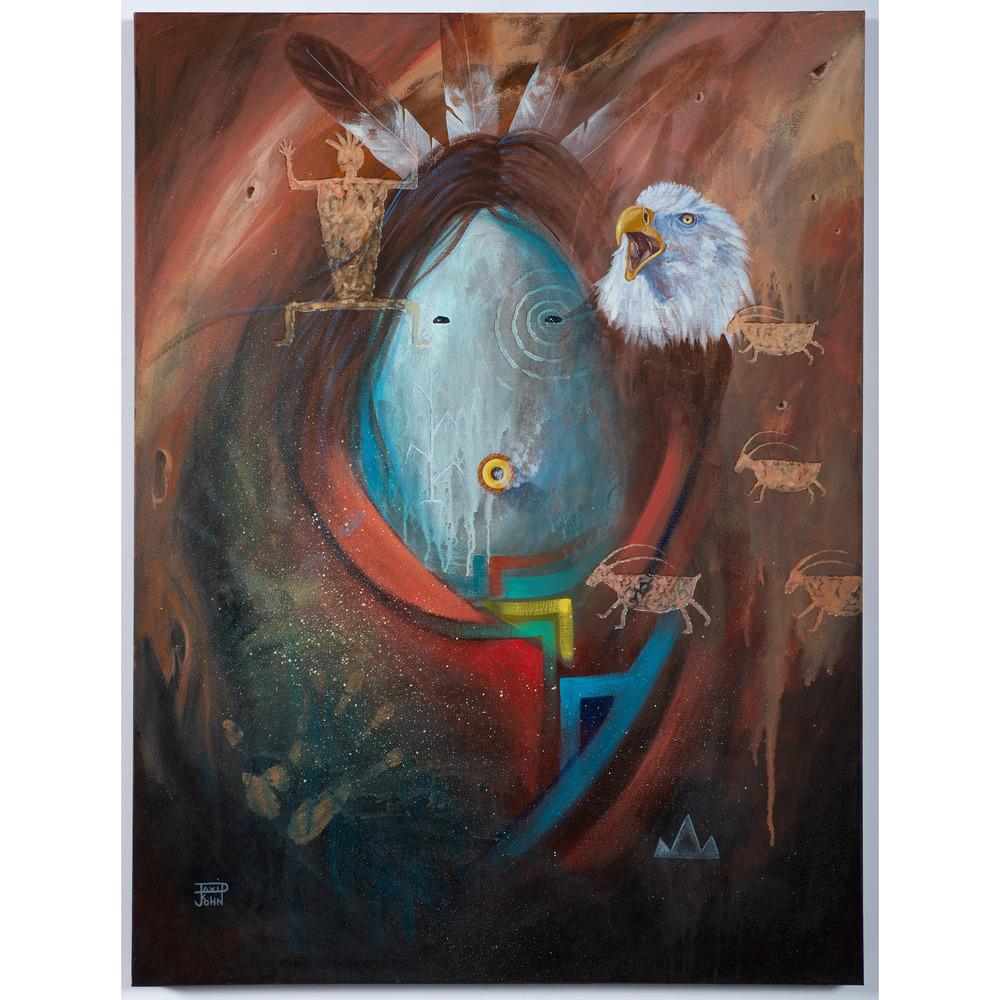 David K. John (Hopi, b. 1963) Painting on Canvas: David K. John (Hopi, b. 1963) Painting on Canvas Yei's Messenger signed, dated, and titled on versa 40 x 30 in. 2002