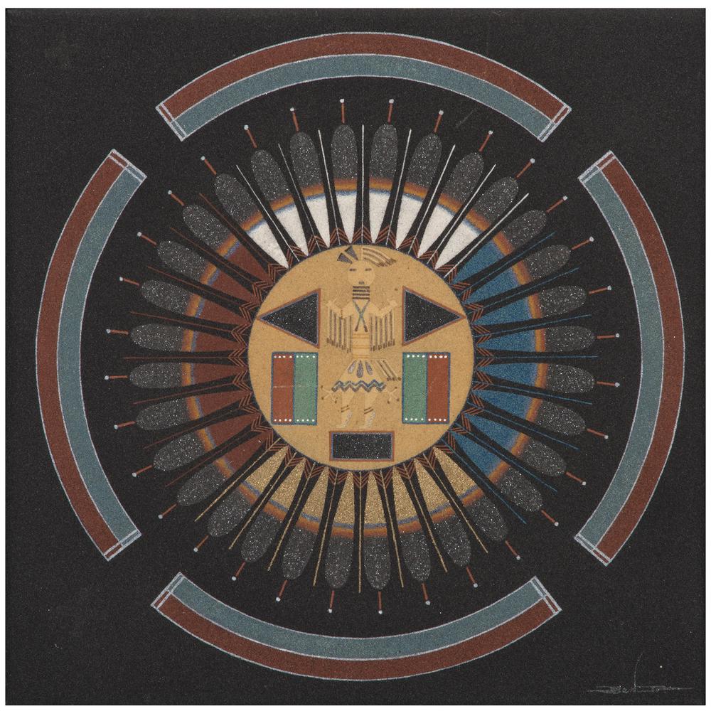 Joe Ben Jr. (Dine, b. 1958) Sandpainting, From the: Joe Ben Jr. (Dine, b. 1958) Sandpainting, From the Robert B. Riley Collection, Illinois untitled signed lower right (sight) 12 x 12 in.; (framed) 21 x 21 in. n.d. Provenance: From the Robert B. Riley 