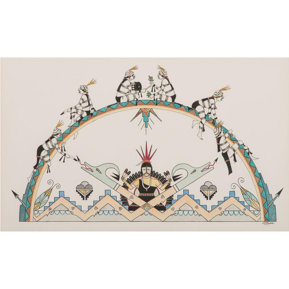J.D. Roybal (San Ildefonso, 1922-1978) Gouache on: J.D. Roybal (San Ildefonso, 1922-1978) Gouache on Paper, From The Harriet and Seymour Koenig Collection, New York untitled, Koshares and Avanyu signed lower right (sight) 13 x 21.25 in.; (framed) 20.5