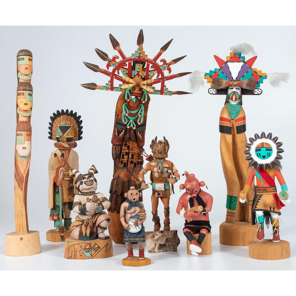 Assorted Hopi Katsinas: Assorted Hopi Katsinas lot of 9, includes Shalako katsina, height 18.5 in.; PLUS sun katsina by Earl Yowytewa, height 9.75 in.; PLUS Koshare Katsina by Kerry David, height 7.5 in.; PLUS Owl Katsina