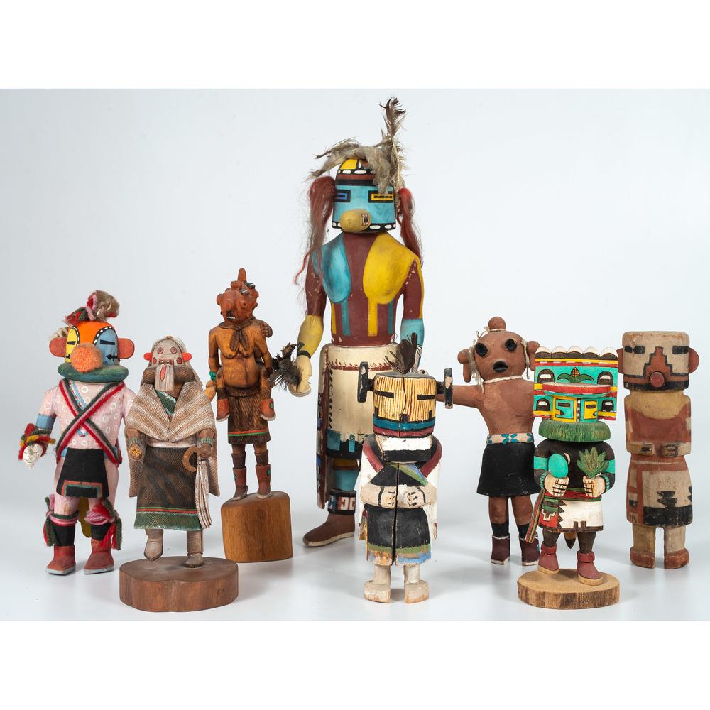 A Group of Colorful Hopi Katsinas: A Group of Colorful Hopi Katsinas lot of 6, includes Hemis Katsina by D. Adams; signed on base, height 8 in.; PLUS Koyemsi, Mudhead Clown, Katsina with Mudhead child on back by Henry Fred; singed on b