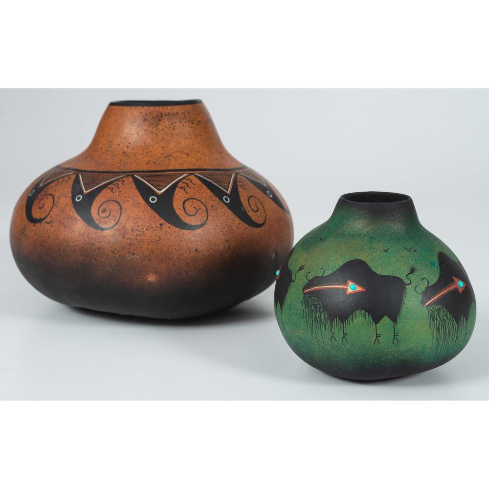 Robert Rivera (Apache, 20th century) Gourd Bowls: Robert Rivera (Apache, 20th century) Gourd Bowls lot of 2, includes a gourd bowl in colors of black, brown, and white; signed and dated on base, height 9 in. x diameter 11 in.; AND a gourd bowl decora
