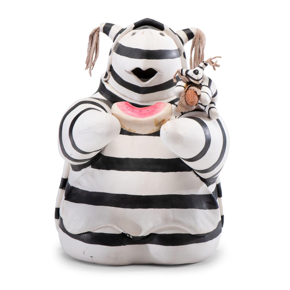 Randy Chitto (Choctaw, 20th century) Pottery Koshare: Randy Chitto (Choctaw, 20th century) Pottery Koshare Turtle, From the Collection of Robert B. Riley, Urbana, IL black and white turtle dressed as a Koshare enjoying a slice of watermelon with a minia
