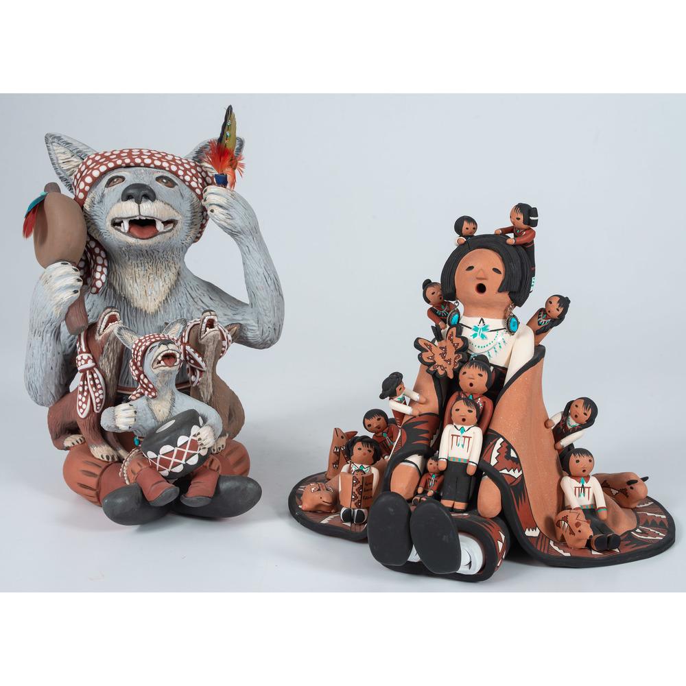 M.L. Kokaly (Zuni, 20th Century) Storyteller, PLUS: M.L. Kokaly (Zuni, 20th Century) Storyteller, PLUS lot of 2, includes storyteller with eighteen children; signed on base by M.L. Kokaly, height 8.5 in. x length 10 in. x width 10.5 in.; AND coyote wit