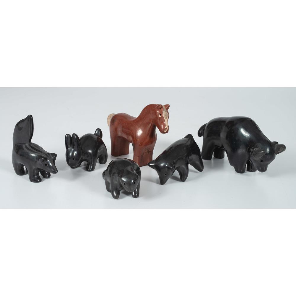 Santa Clara Redware and Blackware Animal Figures: Santa Clara Redware and Blackware Animal Figures lot of 6, includes blackware rabbit, height 2.25 in. x width 1.5 in. x length 3.5 in.; PLUS blackware bear, height 3.25 in. x width 2 in. x length 2.25