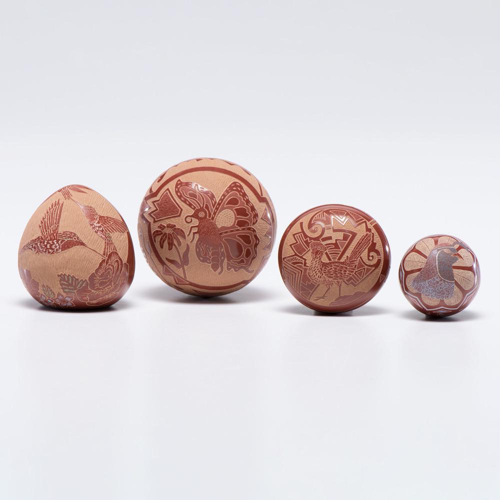 Santa Clara Sgraffito Redware Seed Jars: Santa Clara Sgraffito Redware Seed Jars lot of 4 seed jars by various artists, featuring animal designs of butterflies, hummingbirds, a pigeon, and a rooster; all signed on bases, largest height 2.75