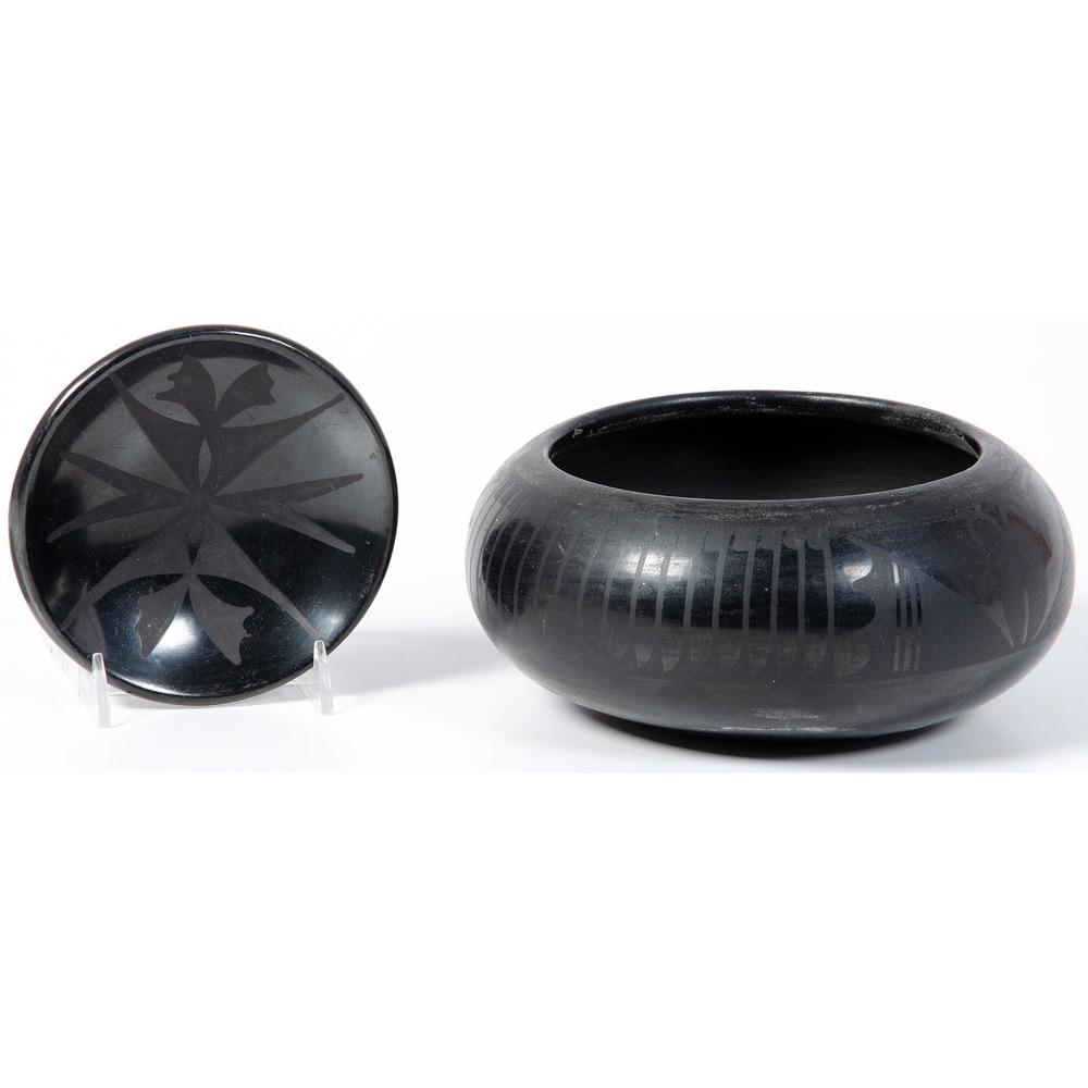 Maria and Santana Martinez (San Ildefonso, 1887-1980 /: Maria and Santana Martinez (San Ildefonso, 1887-1980 / 1909-2002) Blackware Bowl, PLUS lot of 2, includes bowl by Maria and Santana, signed on base, height 3 in. x diameter 6.75 in.; AND plate by Mari