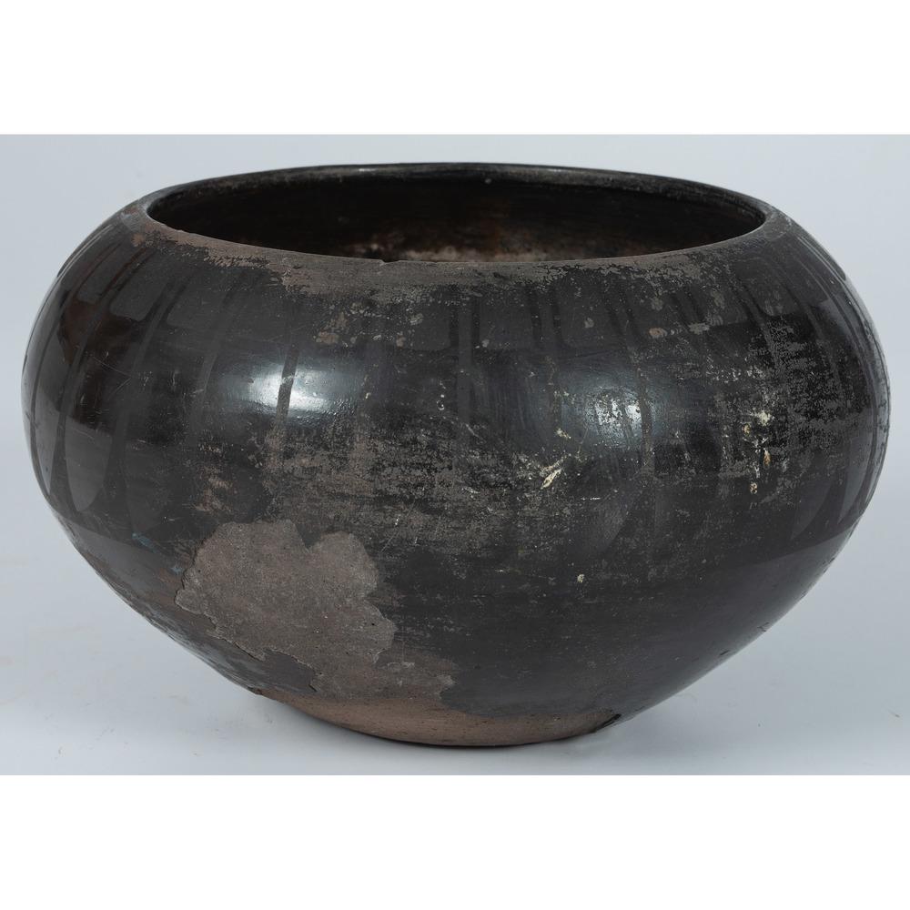 Maria and Julian Martinez (San Ildefonso, 1887-1980 /: Maria and Julian Martinez (San Ildefonso, 1887-1980 / 1885-1943) Blackware Jar geometric feather pattern; signed on base Marie + Julian, height 5.5 in. x diameter 9.5 in. second quarter 20th century