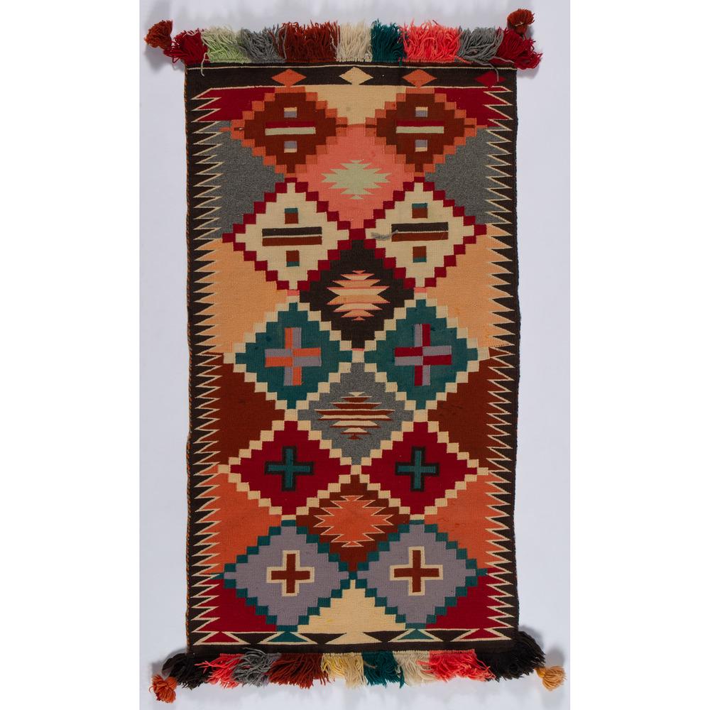 Navajo Contemporary Double Saddle Blanket, From the: Navajo Contemporary Double Saddle Blanket, From the Collection of Robert B. Riley, Illinois with diamond design and having yarn tassels adorning the edges, woven using colors of brown, red, grey, peac