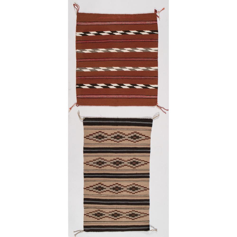 Navajo Eastern Reservation Sampler Weaving, PLUS: Navajo Eastern Reservation Sampler Weaving, PLUS lot of 2, includes a sampler weaving alternating with bands and diamonds, 33.75 x 20 in.; AND a sampler weaving in colors of red, white, grey, and blac