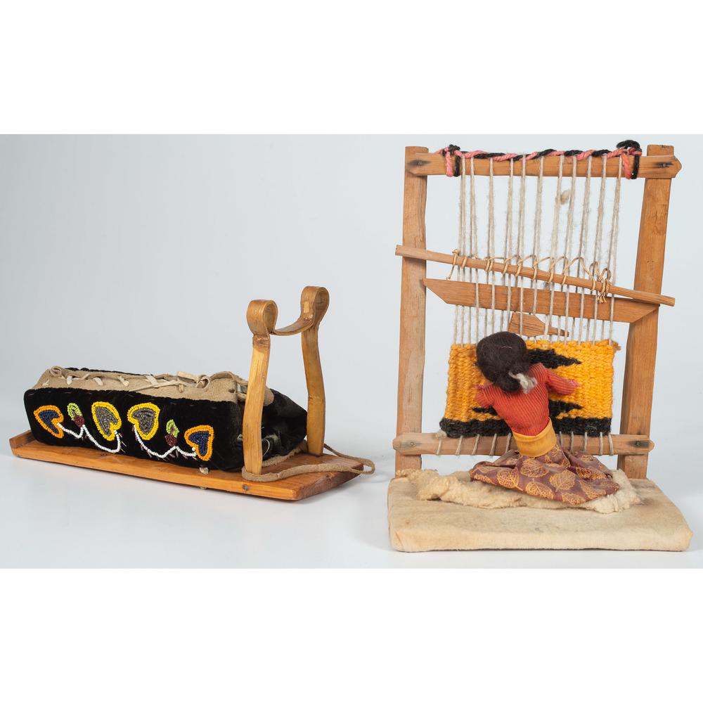 Navajo Doll with Loom AND Anishinaabe Beaded Doll: Navajo Doll with Loom AND Anishinaabe Beaded Doll Cradle lot of 2, includes an Anishinaabe beaded doll cradle; beaded on black velvet in colors of yellow, green, orange, red, blue, rose, and pearly gr
