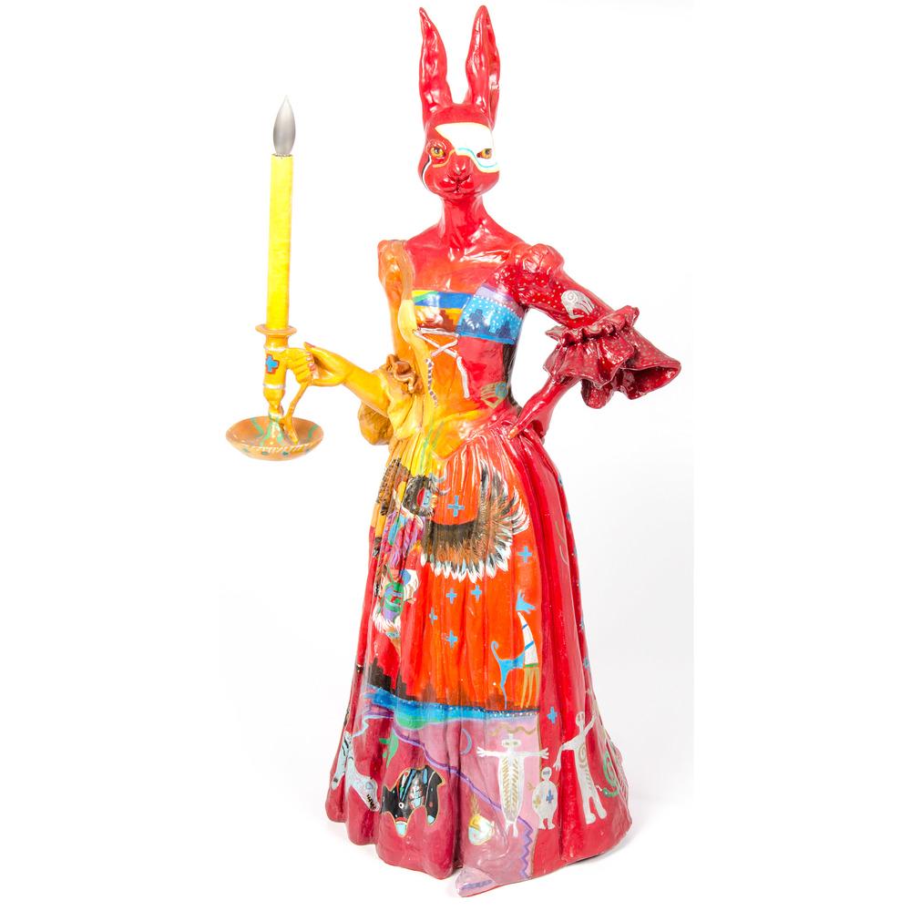 Joan Hanley (American, 1938-2019) Figural Candelabra: Joan Hanley (American, 1938-2019) Figural Candelabra Sculpture, From the Robert B. Riley Collection, Illinois bold rabbit candelabra sculpture painted using colors of red, orange, blue, and purple; he