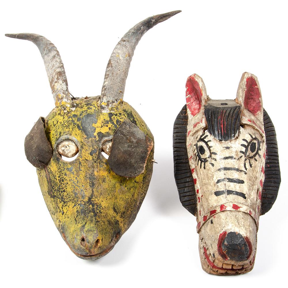 Mexican Animal Figural Masks, From the Harriet and: Mexican Animal Figural Masks, From the Harriet and Seymour Koenig Collection, New York lot of 2, includes green painted mask depicting ram with leather ears, height 15 in. x width 7 in.; PLUS zebra ma