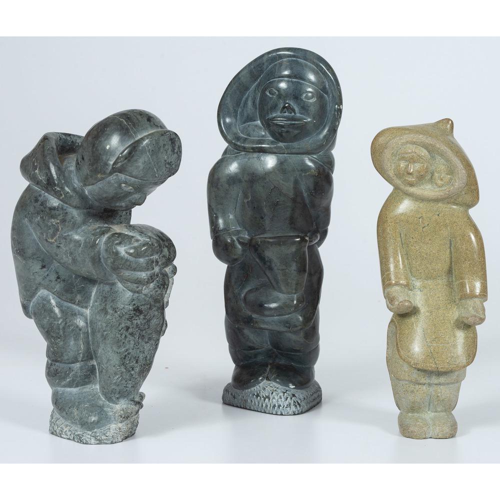 Davidee Saumik (Inuit, 1925-1984) Soapstone Carving,: Davidee Saumik (Inuit, 1925-1984) Soapstone Carving, PLUS lot of 3, includes stone carving depicts man holding seal, location, carver's name, and disc number on sticker on base, signed in syllabics on