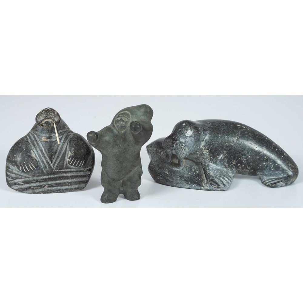 James Mitsima (Inuit, b. 1933) Soapstone Carving, PLUS: James Mitsima (Inuit, b. 1933) Soapstone Carving, PLUS lot of 3, includes stone sculpture carved depicts seal on rock, signed in syllabics on base by James Mitsima, height 3.25 in. x length 7.5 in. x