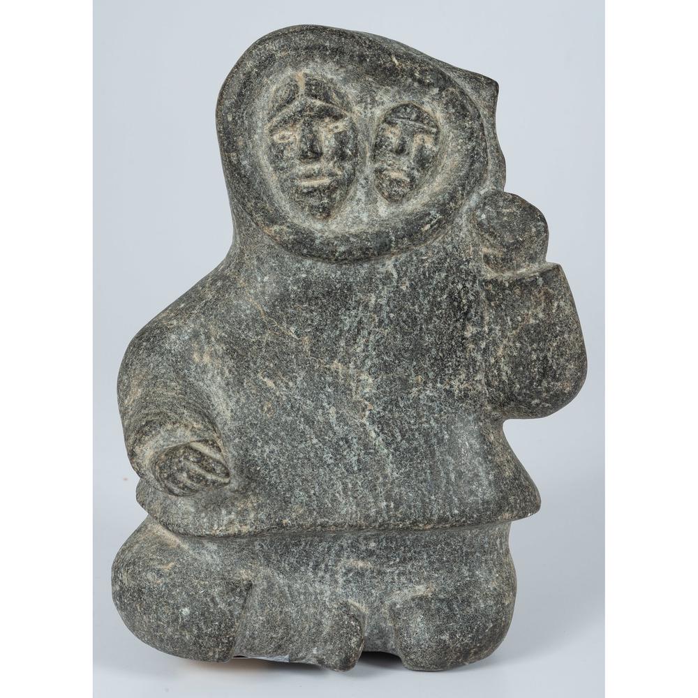 Pauloosie Karpik (Inuit, 1911–1988) Soapstone Carving: Pauloosie Karpik (Inuit, 1911–1988) Soapstone Carving titled Woman & Child; location, carver's name, and title on sticker on base, height 10.75 in. x length 7 in. x width 4 in. second half 20th ce