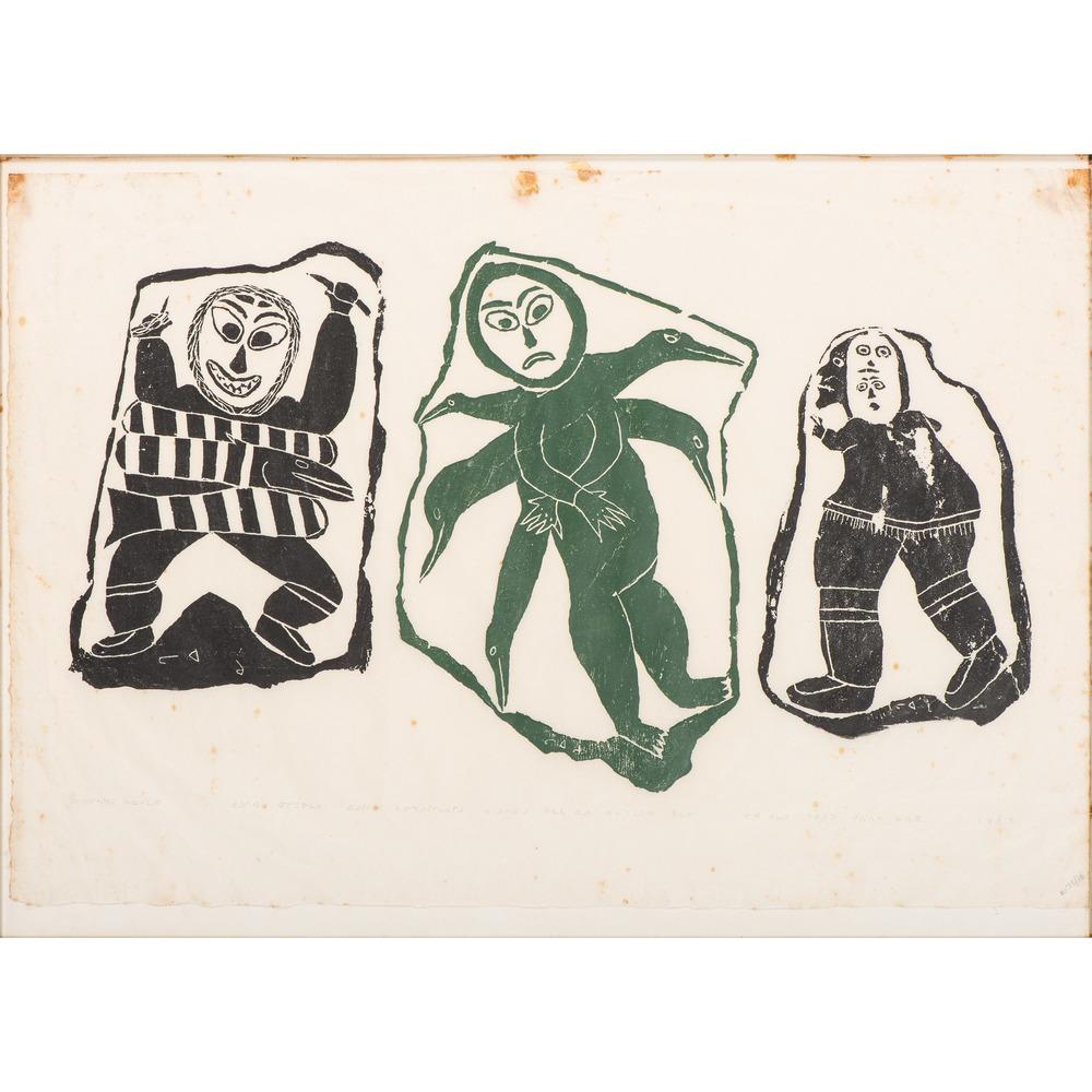 Inuit Woodcut Print, From The Harriet and Seymour: Inuit Woodcut Print, From The Harriet and Seymour Koenig Collection, New York titled and signed syllabics illegibly along lower margin, dated lower right (sight) 28 x 20 in.; (framed) 29.5 x 21.25 in.