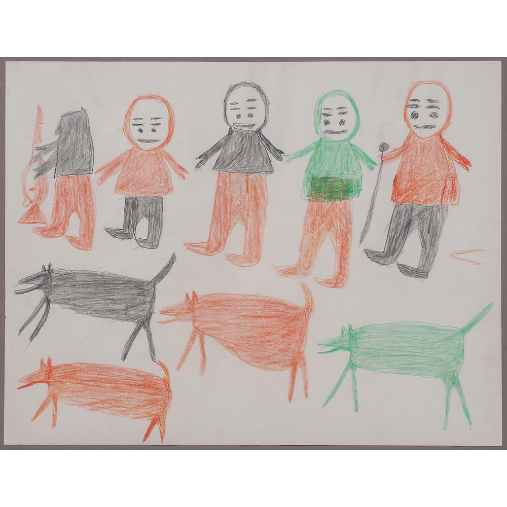 Parr, Attributed (Inuit, 1893-1969) Colored Pencil on: Parr, Attributed (Inuit, 1893-1969) Colored Pencil on Paper, From the William Rose Collection, Illinois untitled, family and dogs with W.B.E.C. Limited, Cape Dorset embossed stamp lower left (sight) 1