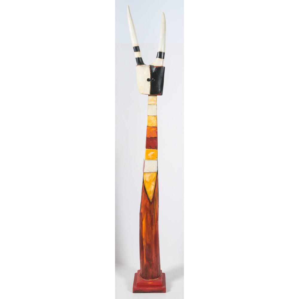 John Geldersma (American, b. 1943) Colorful Horned: John Geldersma (American, b. 1943) Colorful Horned Wooden Sculptural Figure Devil signed and dated on base height 79 in. x width 10 in. x depth 10 in. 1996 Provenance: From the Robert B. Riley Collect