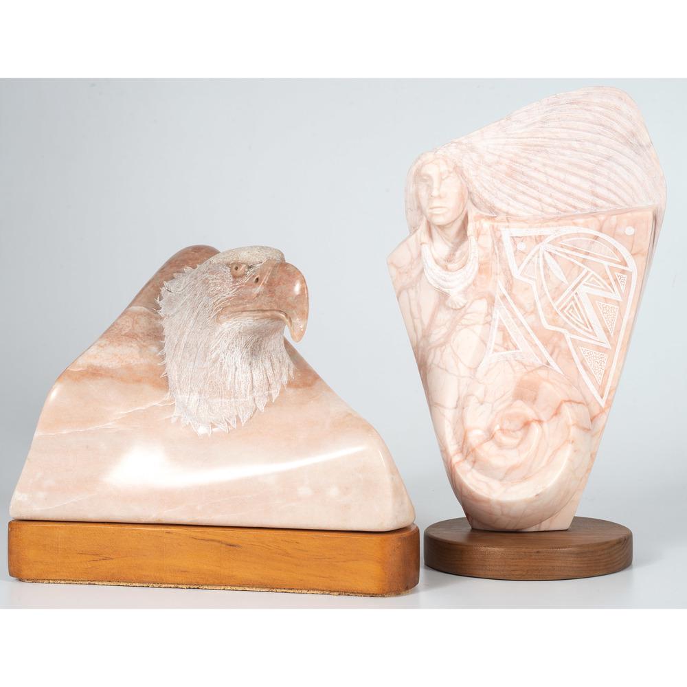 Figural and Animal Carved Alabaster Sculptures: Figural and Animal Carved Alabaster Sculptures lot of 2, includes: untitled, woman figure dated and signed by Clifford Fragua (Jemez, b.1935) on reverse height 16.25 in. x length 8.5 in. x width 2 in.