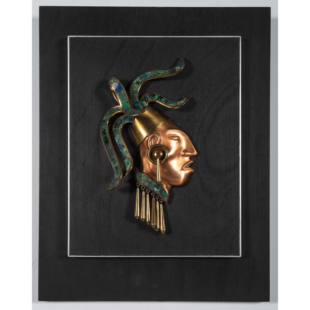 Los Castillo Mayan Figure Sculpture: Los Castillo Mayan Figure Sculpture depicting a member of Mayan nobility with "quetzal feather" headdress, hanging pendant drops beneath the collar, and a swiveling ear decoration; created using coppe