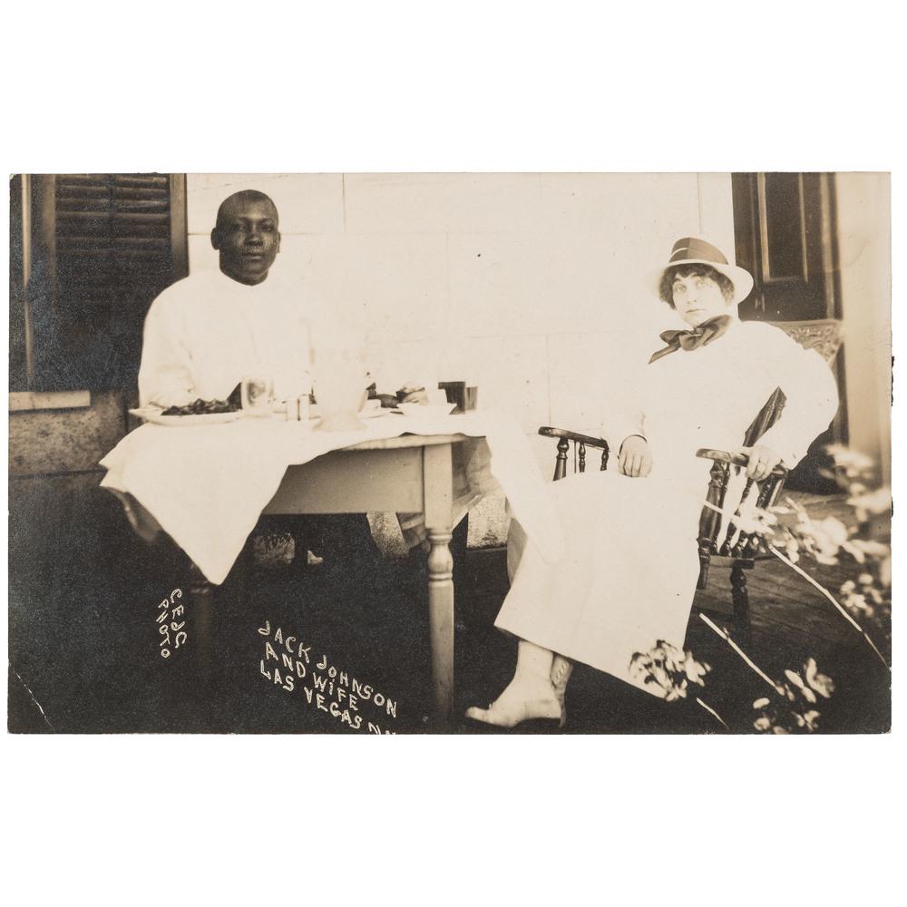 Jack Johnson and Wife, Las Vegas, New Mexico Real Photo: Jack Johnson and Wife, Las Vegas, New Mexico Real Photo Postcard, 1912 Jack Johnson and Wife pre-fight Las Vegas, New Mexico real photo postcard. 5.5 x3.5 in. (138 x 88 mm) Caption, “Jack Johnson /