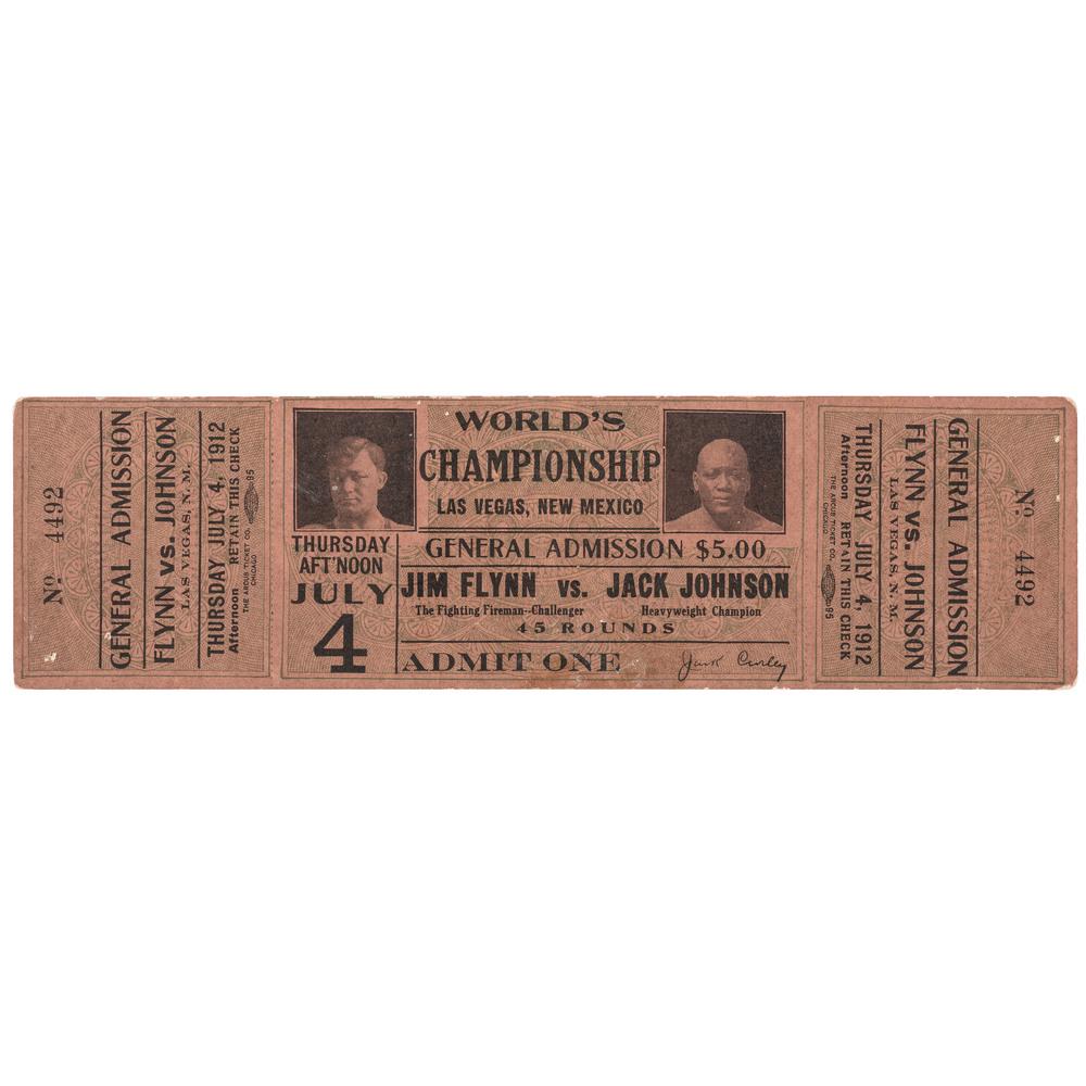 Rare Jim Flynn vs. Jack Johnson Las Vegas, New Mexico: Rare Jim Flynn vs. Jack Johnson Las Vegas, New Mexico Full Unused Fight Ticket, 1912 World’s Championship Las Vegas, New Mexico Jim Flynn vs Jack Johnson. Full unused ticket. Chicago: The Arous Tic