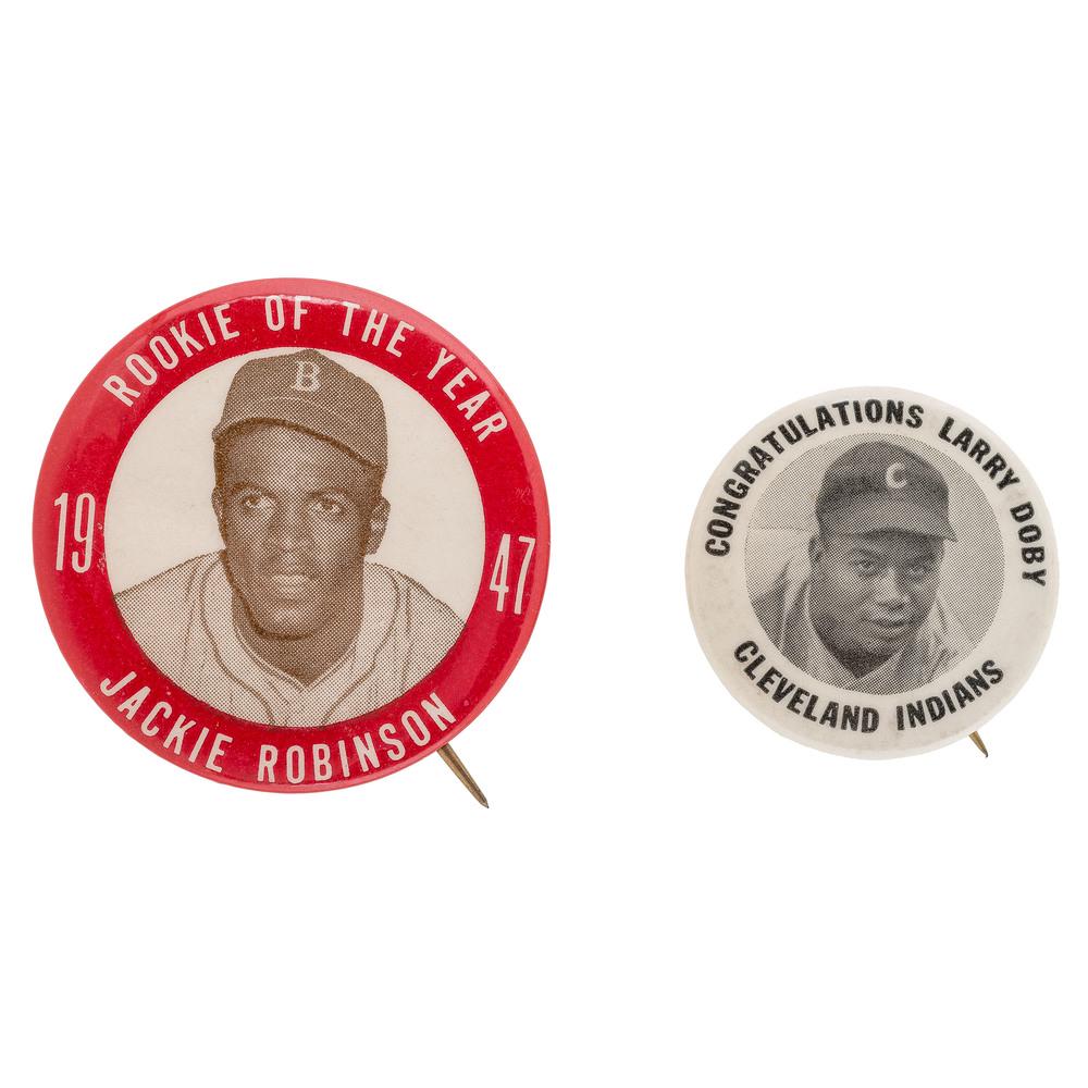 Jackie Robinson and Larry Doby Pinbacks, 1947: Jackie Robinson and Larry Doby Pinbacks, 1947 Lot of 2 pinbacks featuring the first African American players in the National and American leagues in Major League Baseball, Jackie Robinson and Larry Do