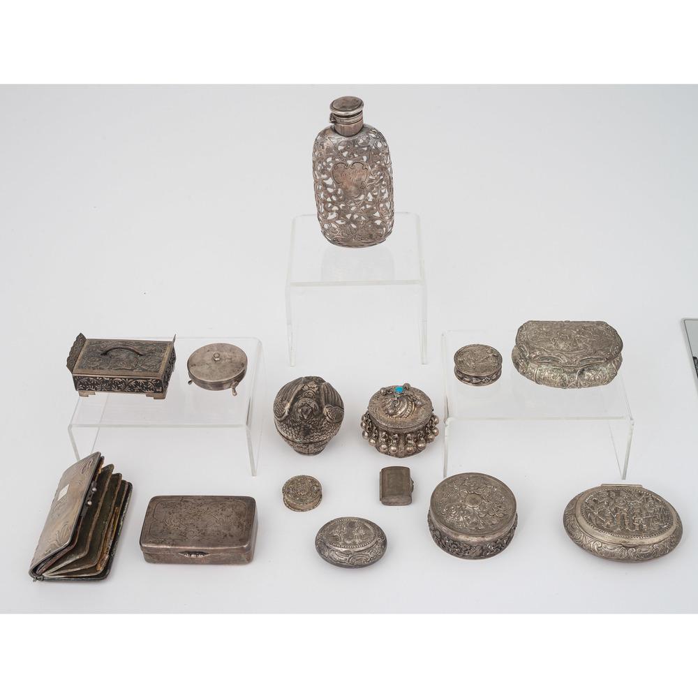 Sterling Overlay Flask and Continental Silver Boxes,: Sterling Overlay Flask and Continental Silver Boxes, Plus 19th-20th century. A glass flask with silver overlay and six Continental silver boxes including German and Danish examples, PLUS eight unmarke