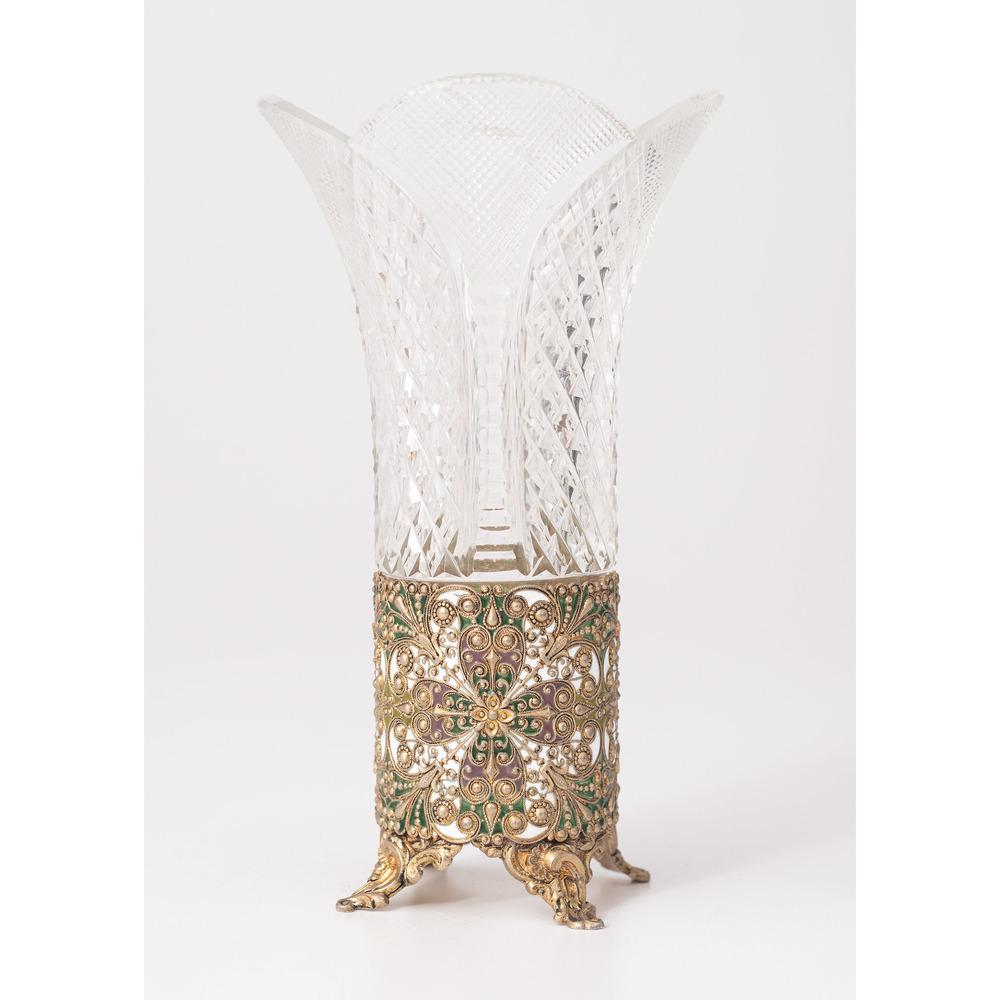Shiebler Silver Gilt and Enameled Vase Holder: Shiebler Silver Gilt and Enameled Vase Holder American, late 19th-early 20th century. A silver gilt and enameled vase holder by George W. Shiebler & Co., marked on underside, with cut glass insert; ba