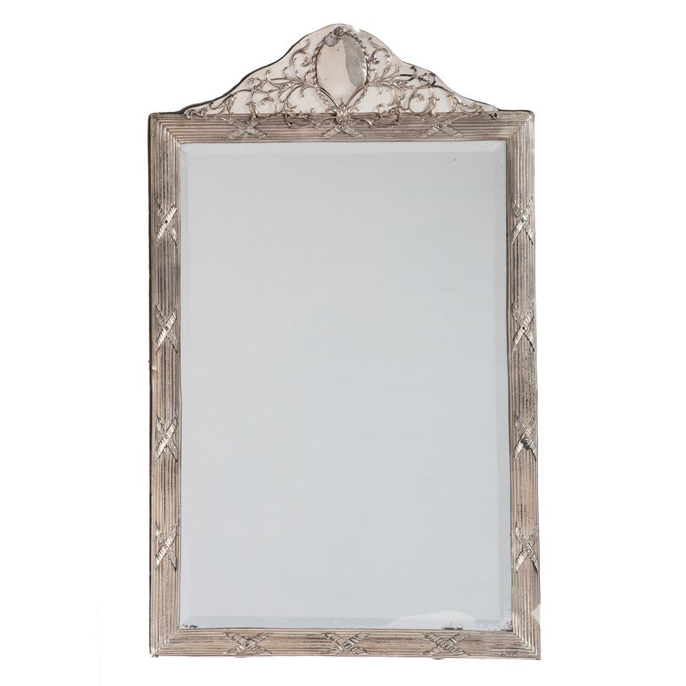 William Comyns & Sons Sterling-Framed Mirror: William Comyns & Sons Sterling-Framed Mirror English (London) ca 1906. A rectangular mirror with sterling frame and velvet easel backing, with hallmarks to lower right; ht. 23.5, wd. 14.25 in.