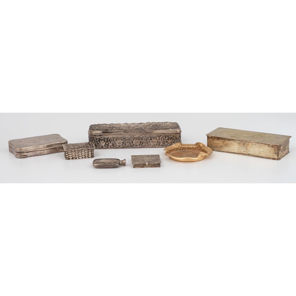 Cartier 14k Ashtray and Silver Boxes: Cartier 14k Ashtray and Silver Boxes 19th-20th century. A Cartier 14k gold basket weave ashtray, an .800 silver engraved box, two sterling boxes and a perfume by various makers, a silver pill box with